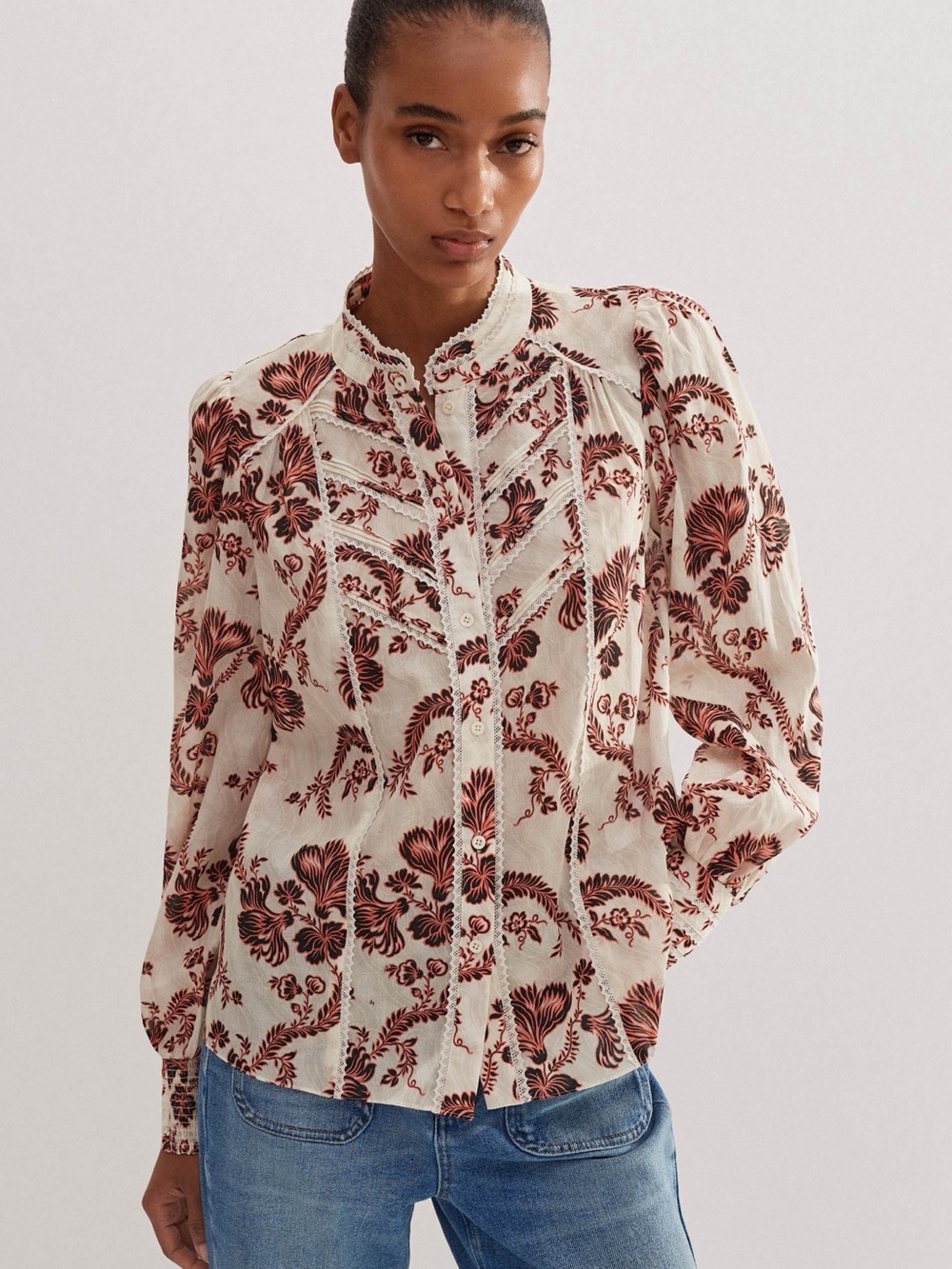 ME+EM Cotton Midnight Floral Print Blouse US 6 Ivory Fall